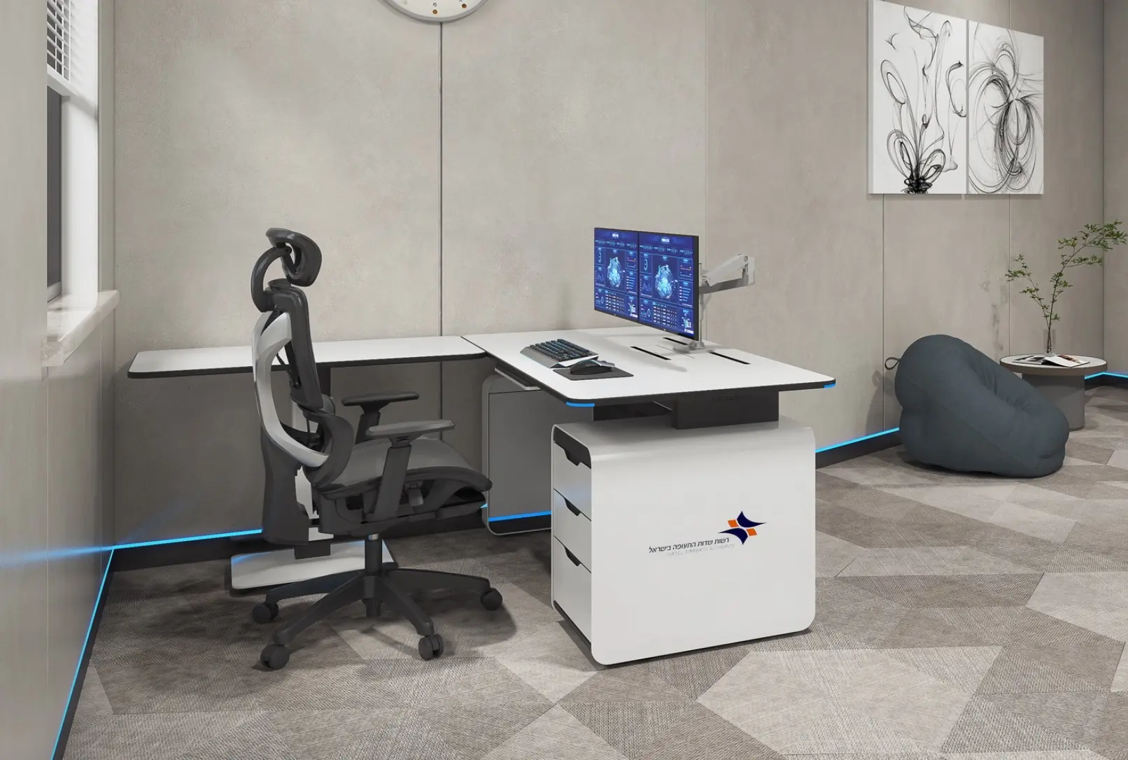 Three-dimensional visualization of a workspace with a console, screens, and a seating area