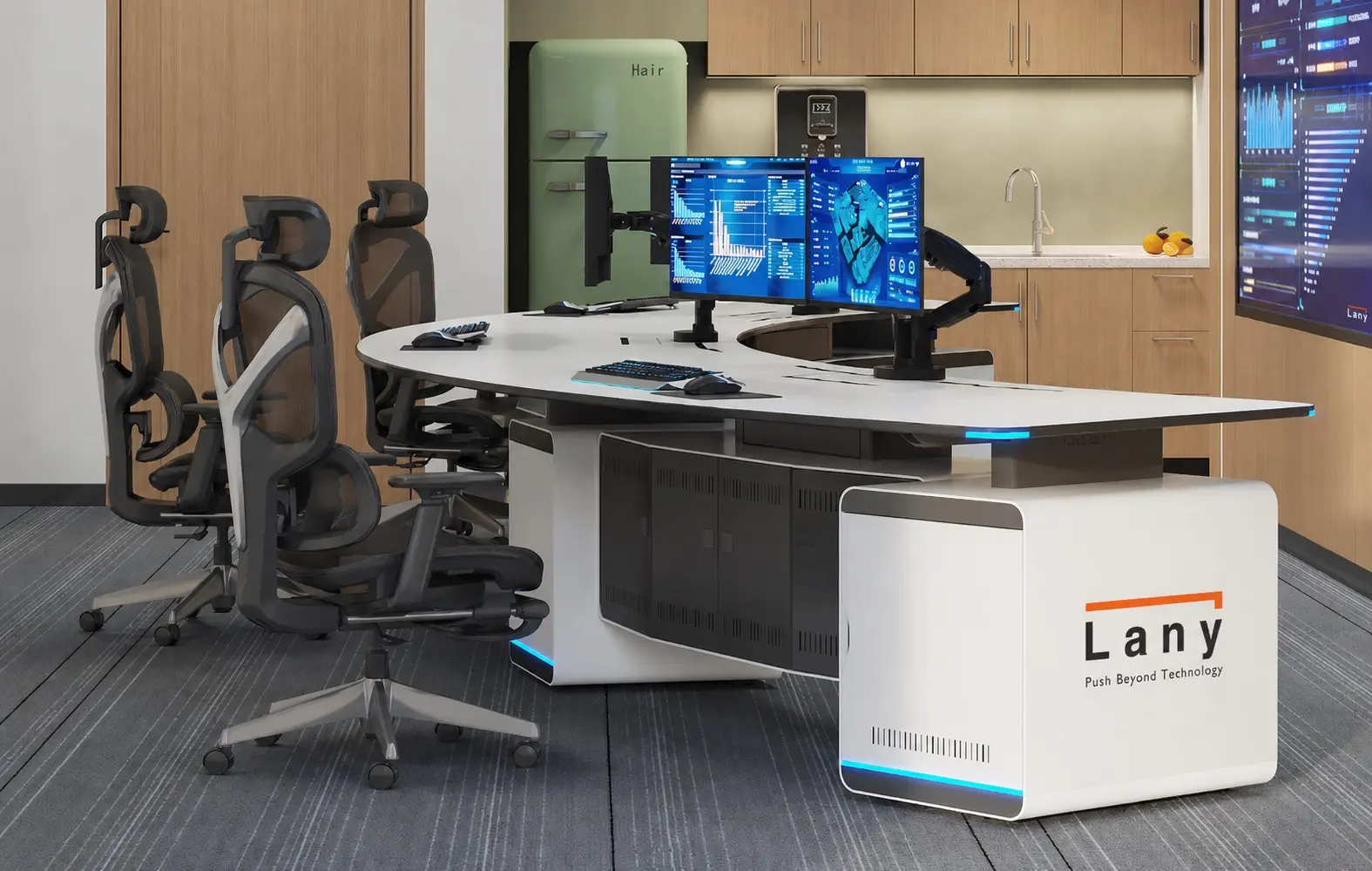 LANY CURVES render with curved multi-operator positions, monitor arms and integrated equipment bays