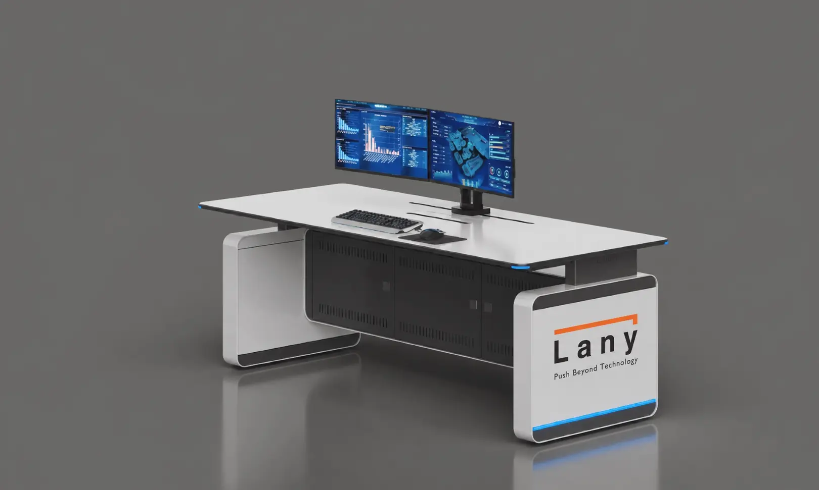 LANY TOP TIER render with a broad work surface, two displays and a ventilated equipment bay