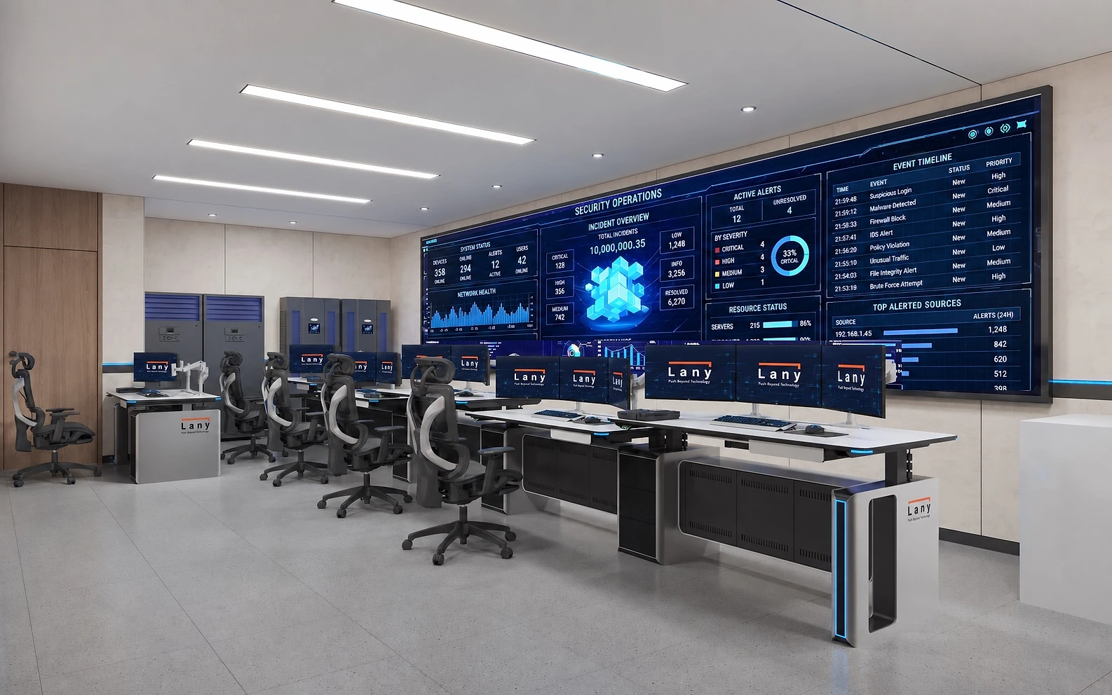 Control-room render with a row of LANY UP&DOWN consoles at different heights and a central video wall