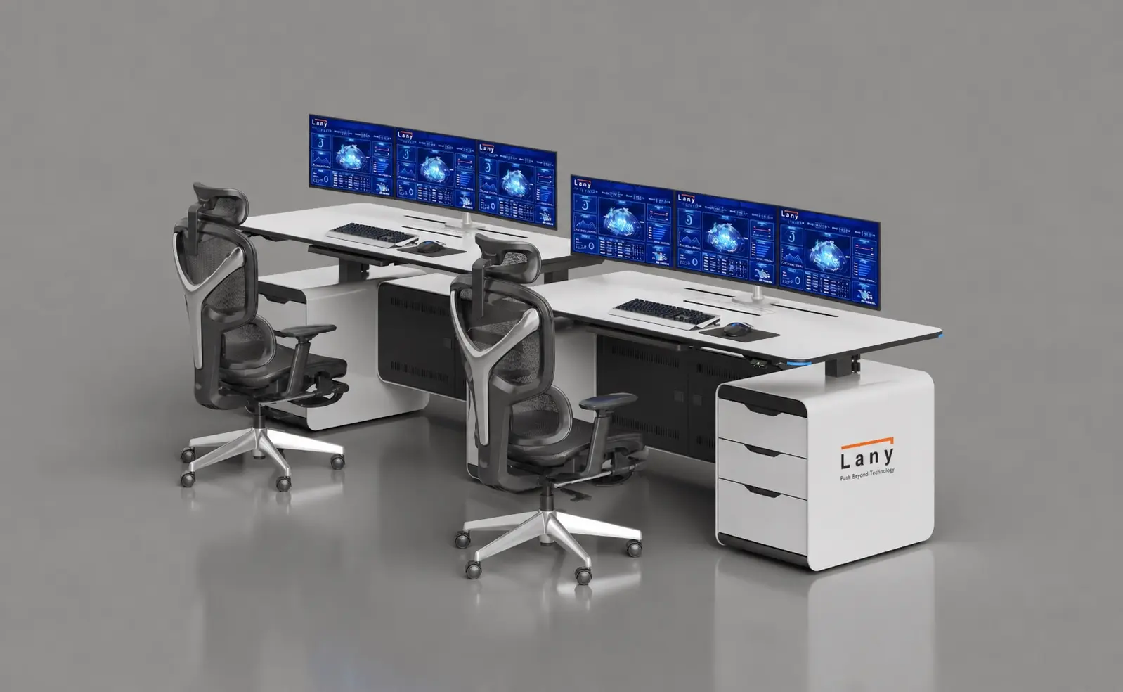 Render of two LANY UP&DOWN consoles with adjustable surfaces and three-display arrays