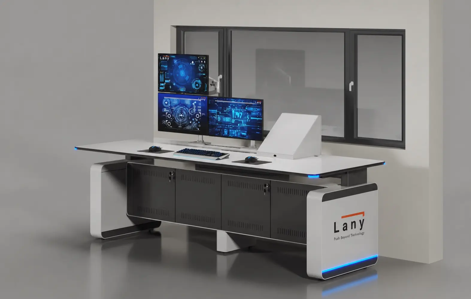 YOMAN render with a broad surface, three displays and ventilated lockable equipment bays