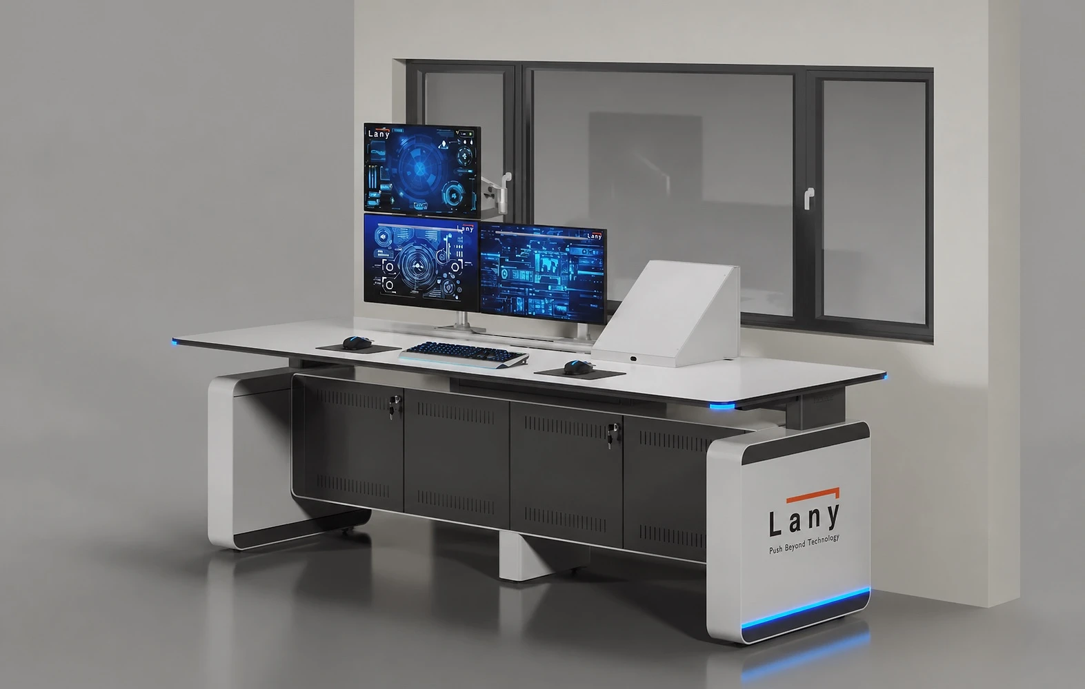 YOMAN render with a broad surface, three displays and ventilated lockable equipment bays